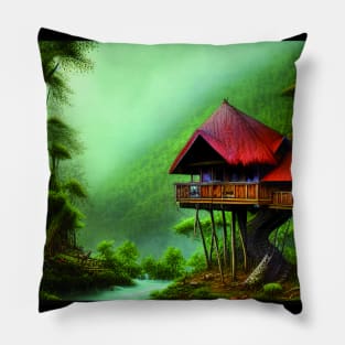 Digital Painting of a Beautiful Red cottage Tree House Near River Pillow