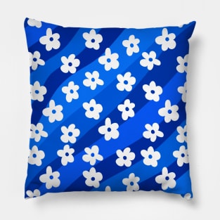 Groovy, Retro Flowers on a Blue Wavy Background Pillow