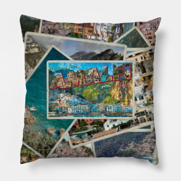 Greetings from Amalfi in Italy Vintage style retro souvenir Pillow by DesignerPropo