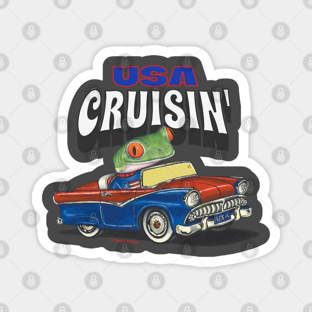 Funny and Humorous Red Eyed Tree Frog is cute driving through the USA in a classic vintage car Magnet by Danny Gordon Art