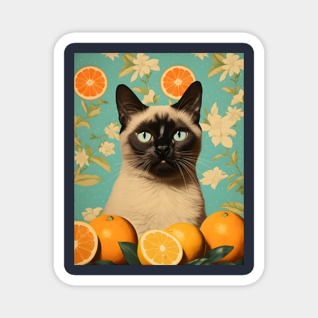 Retro Kitsch Siamese Cat and Citrus Fruit Collage Magnet by KittyStampedeCo