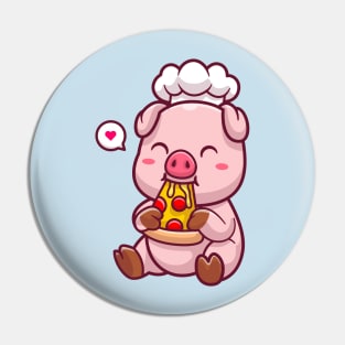 Cute Chef Pig Eating Pizza Cartoon Pin