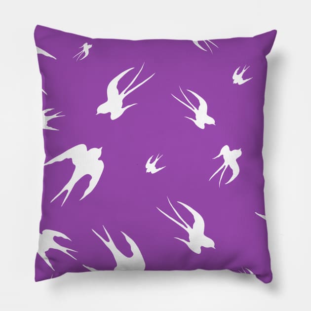 Flying swallows silhouettes pattern on fuchsia background Pillow by Blacklinesw9