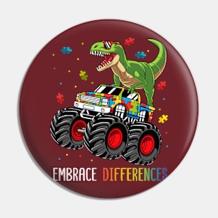 Dinosaur Monster Truck Embrace Differences Autism Awareness Pin