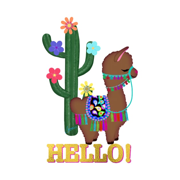 HELLO! Cute Little Brown Llama and Cactus | Cherie's Art(c)2021 by CheriesArt