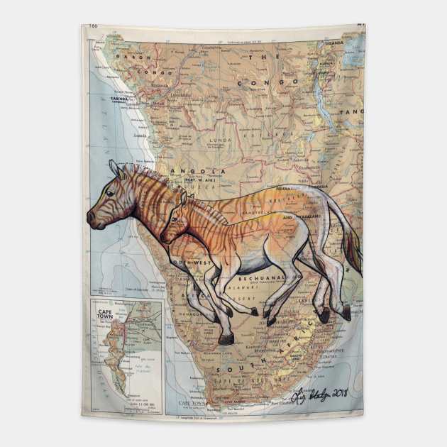 Quagga Horses on Map Tapestry by lizstaley