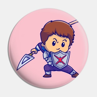 Cute Boy Knight With Shield And Spear Cartoon Pin