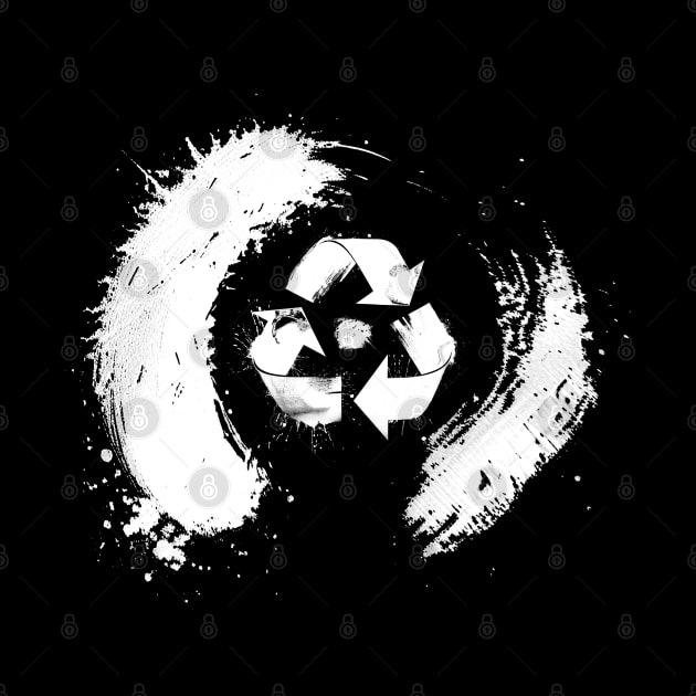 Earth Day: The Recycle Logo in the center of a Japanese Sumi Brush Enso (eternal circle)  on a Dark Background by Puff Sumo
