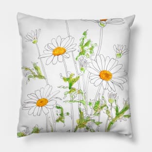 white Margaret daisy ink and watercolor Pillow