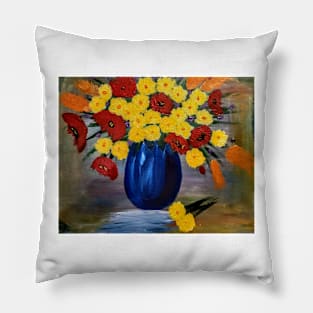 red poppies and yellow flower in a vase Pillow