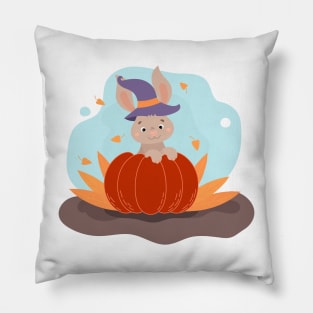 cute bunny sitting in a pumpkin, Happy Halloween. Pillow