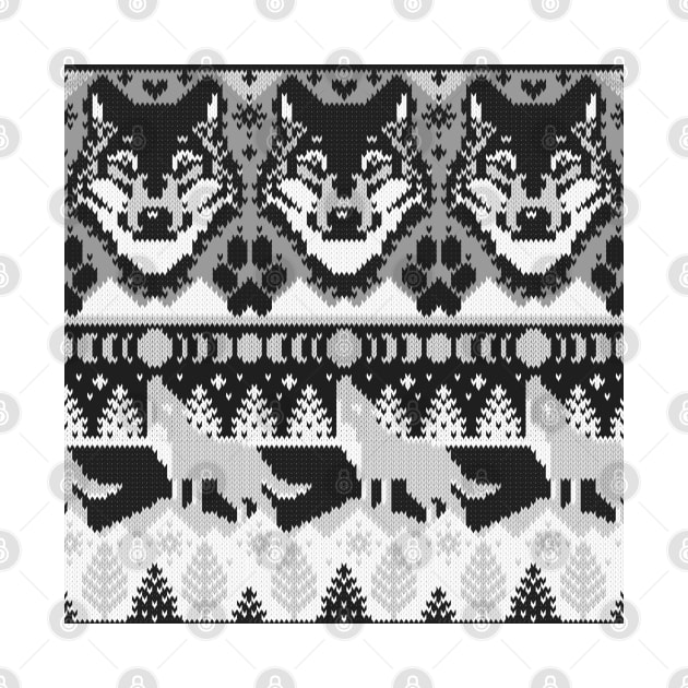 Fair isle knitting grey wolf // pattern // black and white wolves moons and pine trees by SelmaCardoso