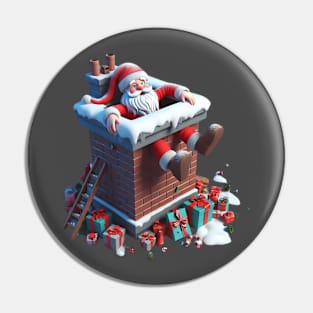 Santa Claus stuck in a chimney, with his feet dangling out and presents scattered around Pin