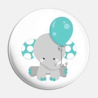 Elephant With Balloon, Cute Elephant - Blue Gray Pin