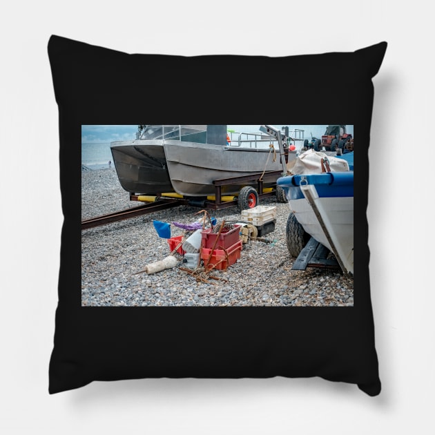 Fishing gear on the shingle beach in Cromer, Norfolk Pillow by yackers1