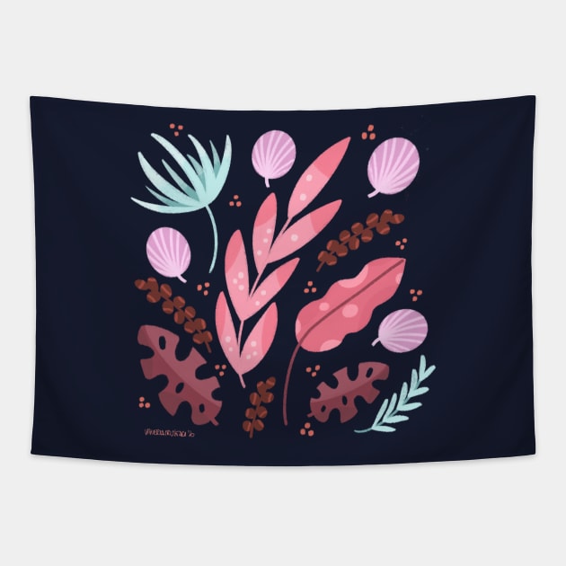 Tropical flower and leaves Tapestry by Valeria Frustaci 