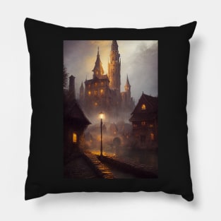 Medieval Fantasy Village at night Pillow