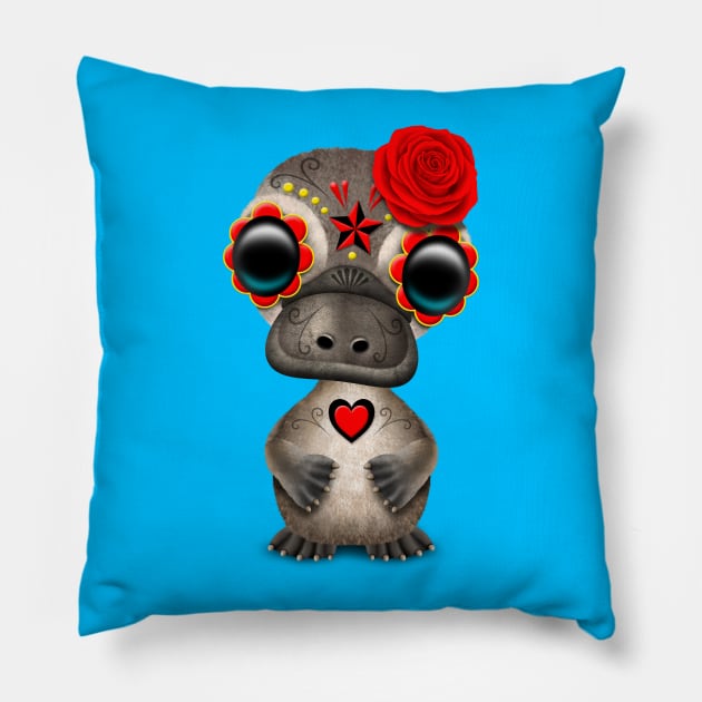 Red Day of the Dead Sugar Skull Baby Platypus Pillow by jeffbartels