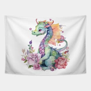 Cute Spring Flower Dragon Watercolor Tapestry