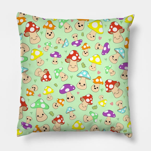 Kawaii Mushrooms Pattern Pillow by ShutterStudios