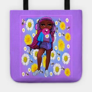 Beautiful Brown skin African American girl with Afro hair in 4 puffs blowing bubblegum and wearing headphones listening to music. Black girls rock, black girl magic,melanin poppin queen anime girl drawn in manga style Tote