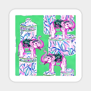 Pink elephants and ginger jars on lime green Magnet