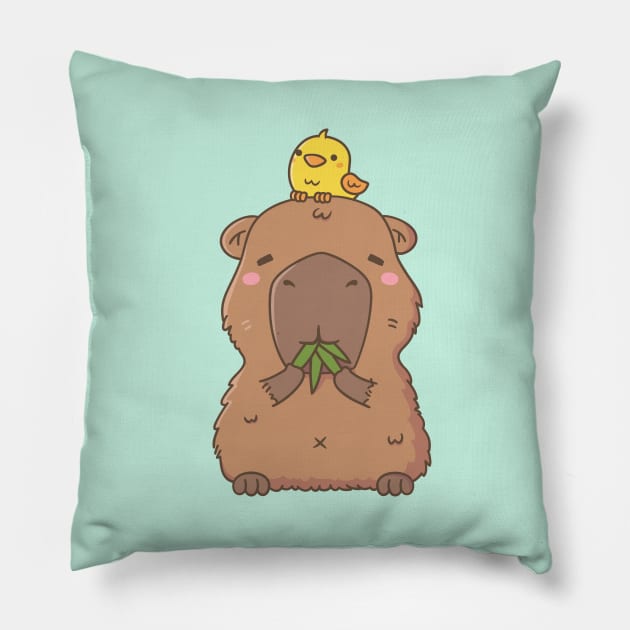 Cute Capybara with Yellow Bird Doodle Pillow by rustydoodle