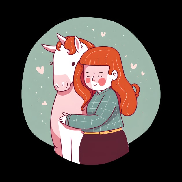 Lovely red haired girl with unicorn friend by Zefi