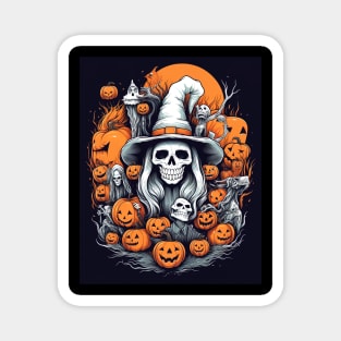 scary dead witch with pumpkins, halloween design 3 Magnet