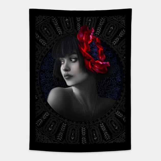 Black and white red flower girl portrait digital artwork Tapestry by Relaxing Art Shop