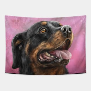 Painting of a Gorgeous Rottweiler with Its Tongue Out, Purple Spattered Background Tapestry