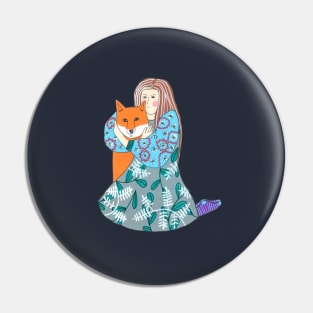 Girl Hugging A Fox Pin