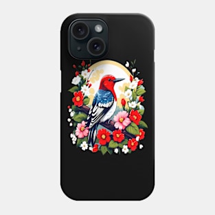 Cute Red Headed Woodpecker Surrounded by Vibrant Flowers Phone Case