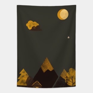 Night under the moon. Outdoor lovers design. Camping in mountains. Sun & Moon Artwork With mountains. Boho art of moon at night and terracotta mountains. Tapestry