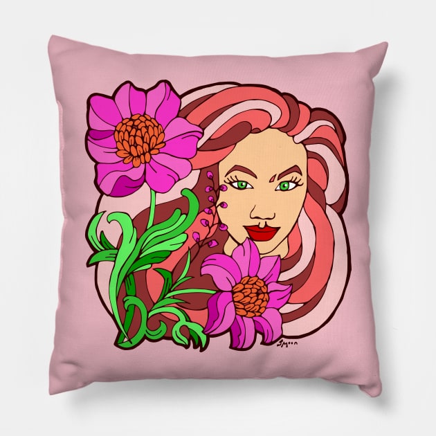 Bright Pink Blooms and Big Hair Portrait Pillow by Julia Moon