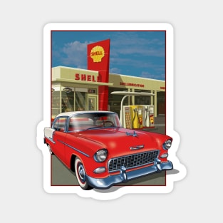 Gas station with 1955 Chevrolet. Magnet