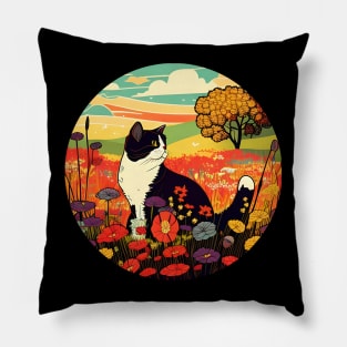 Cat Looking Sunset In The Meadow Filled Flower - Funny Cats Pillow