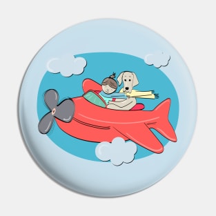 Cute Flying Adventure for a Girl and her Dog in an Airplane Pin