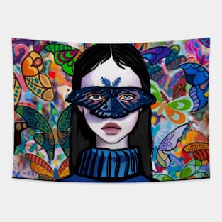 girl wearing butterfly mask Tapestry