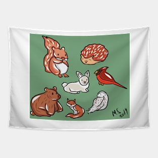 Winter Animals sticker pack green background Tapestry