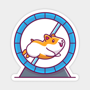 Cute Hamster Running In Running Wheel Cartoon Magnet