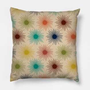 Mid Century Modern Multicolor Sunburst Pattern in Mid Mod Teal, Mustard, Olive, Orange, and Beige Pillow