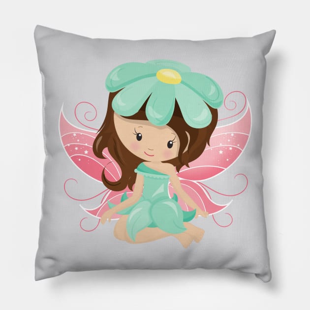 Forest Fairy, Cute Fairy, Brown Hair, Flowers Pillow by Jelena Dunčević