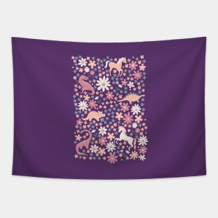 Floral Burst of Dinosaurs and Unicorns in Mauve + Peach Art Print Tapestry