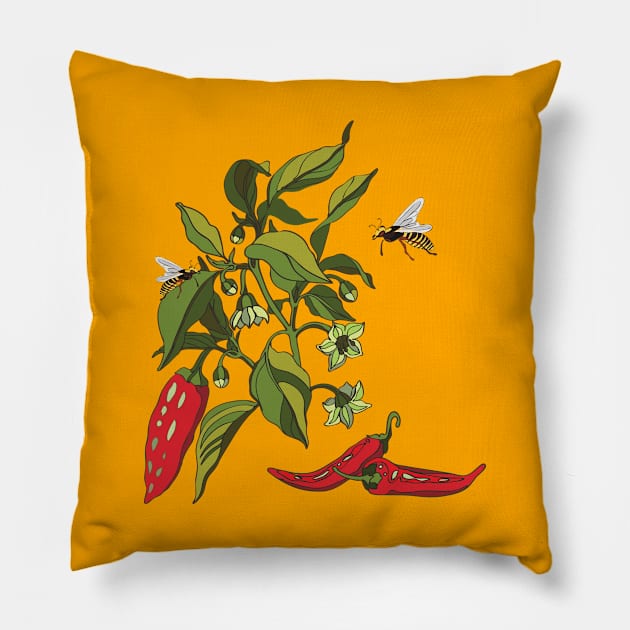 Botanical illustration of the plant Cayenne pepper and wasps Pillow by EEVLADA