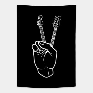 Guitar and Bass Outline Hand Peace Sign Dark Theme Tapestry