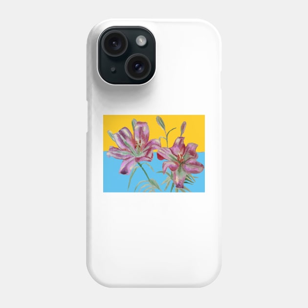 Pink Lily Watercolor Floral Painting on Yellow and Blue Phone Case by SarahRajkotwala