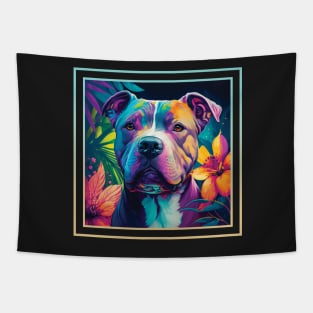 Happy American Staffordshire Pit Bull Dog Vibrant Tropical Flower Digital Oil Painting Portrait Tapestry