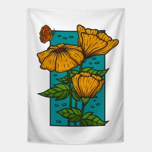 Vintage yellow flower doodle with butterfly illustration Tapestry