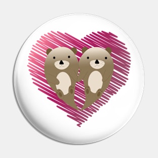 Cute Otters with a Red Heart Background Pin